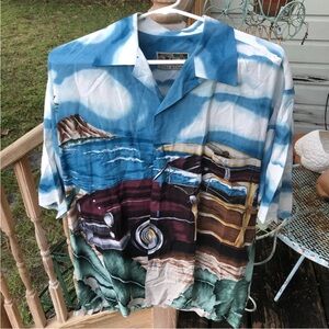 Tori Richard Woody Surf Floral Hawaiian Shirt L Hawaii Aloha Blue Rayon Vintage